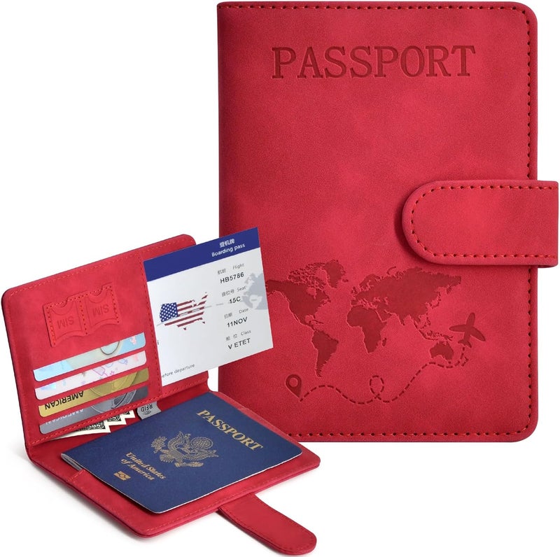 KAOBAN Passport Holder, Passport Cover with Credit Card Slot and Boarding Pass Slot Combo, Passport Wallet Case Book Travel Must Have, RFID Blocking Leather Travel Accessories, Red - Image 2